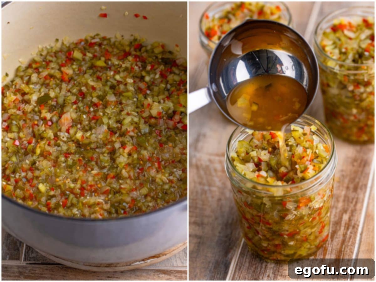 collage of two photos: vegetables after cooking in the pot; liquid being poured on relish in a jar.