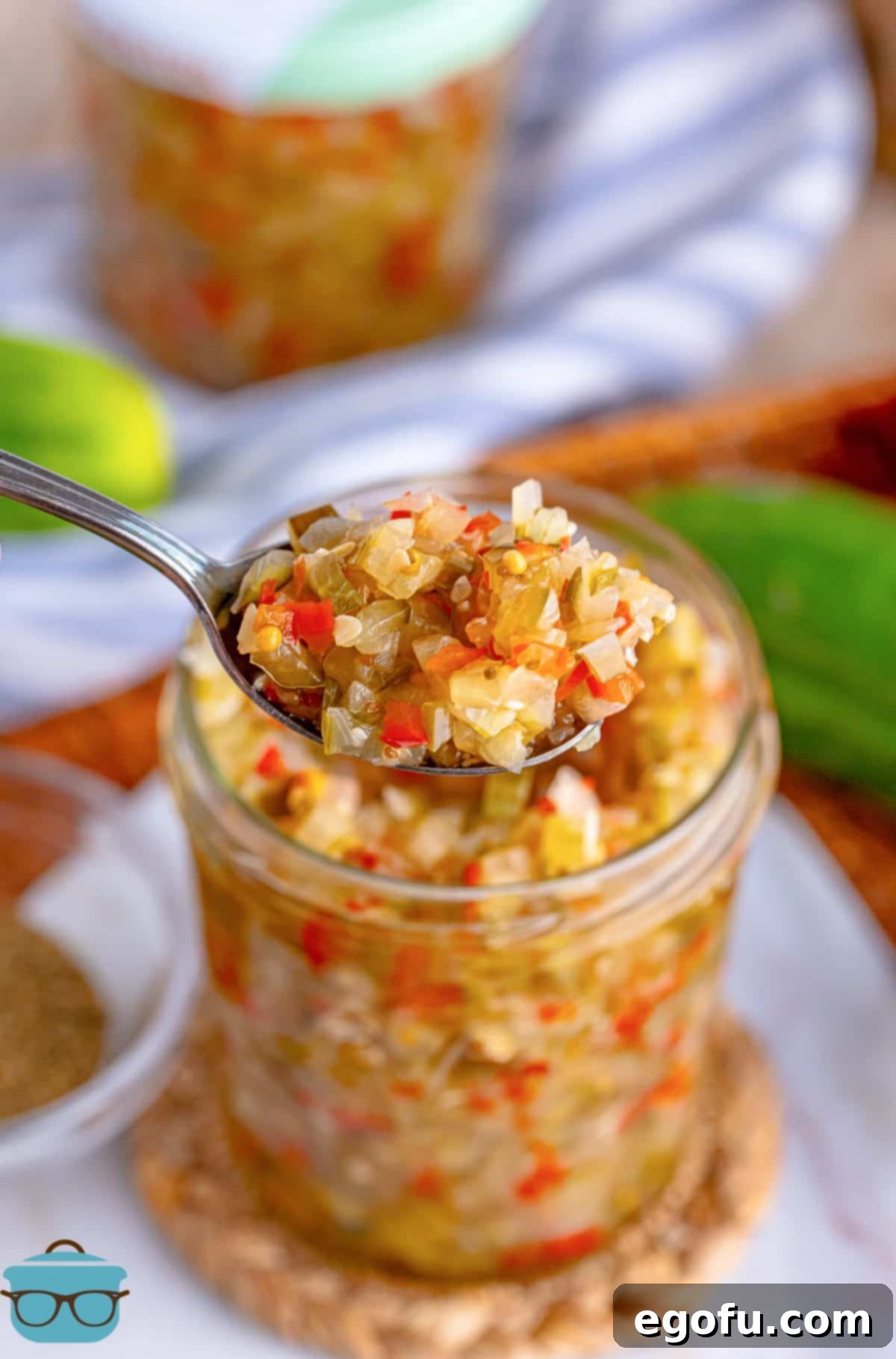 A spoon in a jar of Sweet Pickle Relish.