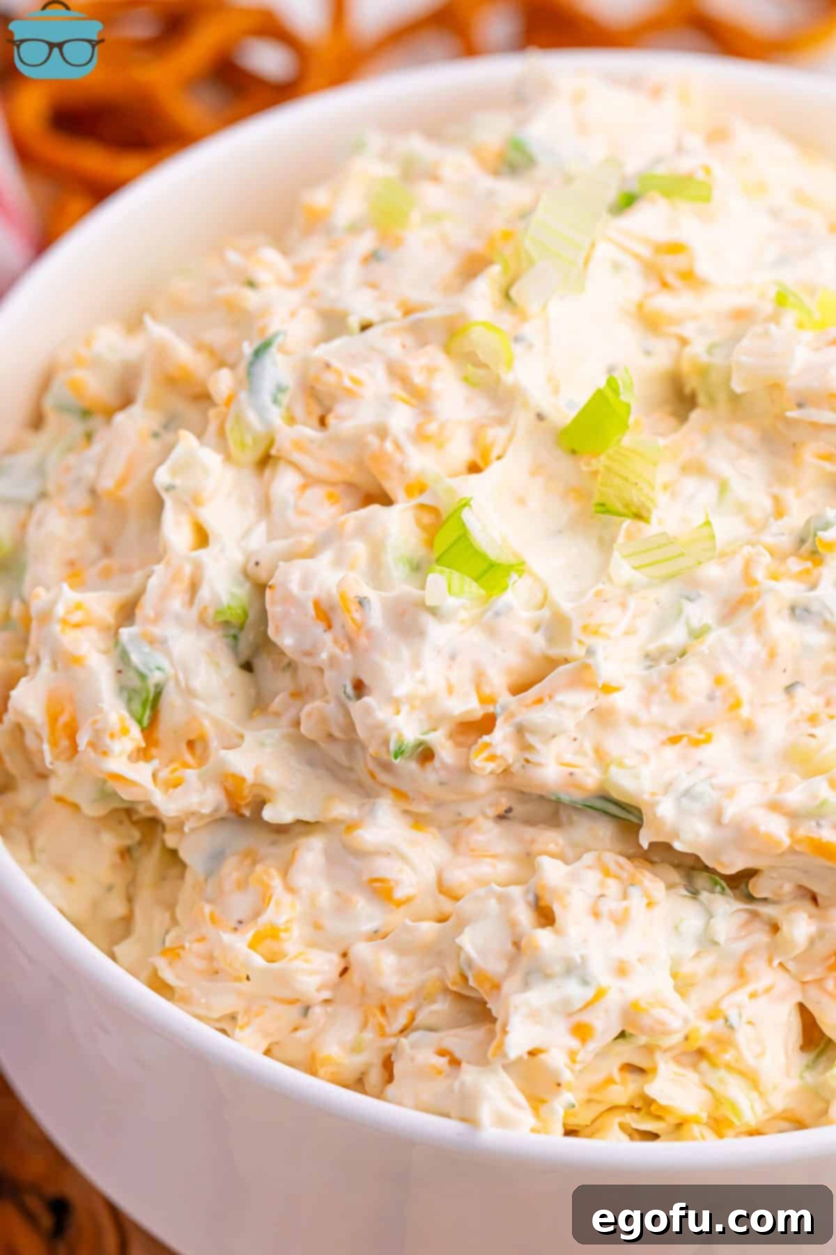 Looking down on a bowl of homemade Cheddar Ranch Dip, garnished with green onions.