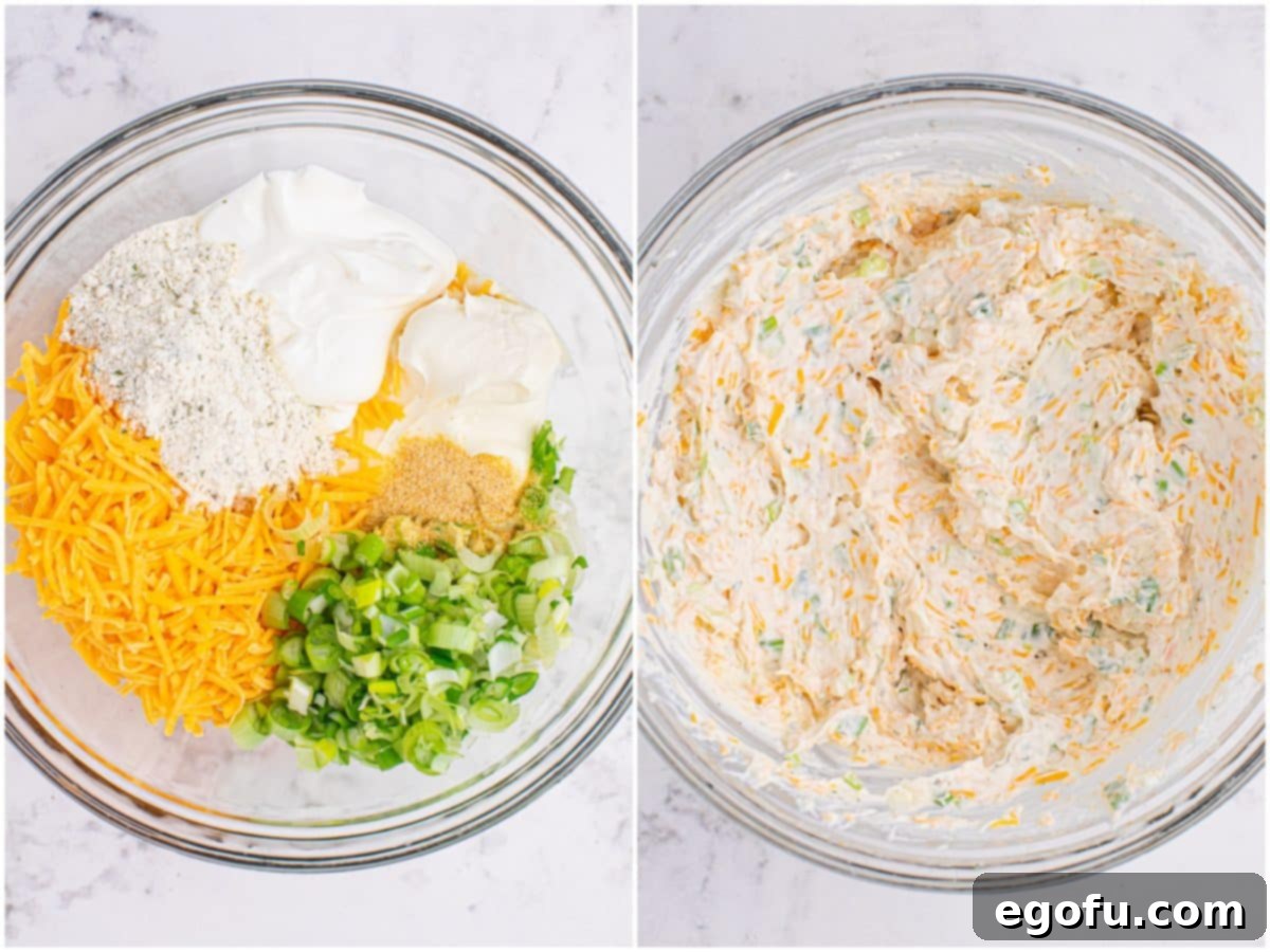 A collage of two photos. The top image shows a bowl filled with cream cheese, sour cream, ranch seasoning, shredded cheddar, green onions, and garlic powder. The bottom image displays the same bowl after all ingredients have been thoroughly mixed into a creamy Cheddar Ranch Dip.