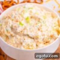 Looking closely at a bowl of Cheddar Ranch Dip, garnished with fresh green onions.