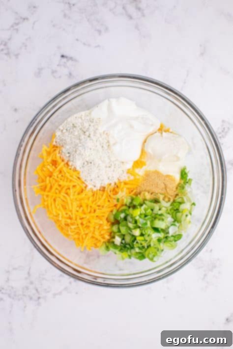 A bowl with cream cheese, sour cream, ranch seasoning mix, shredded cheddar cheese, green onions and garlic powder, ready for mixing.