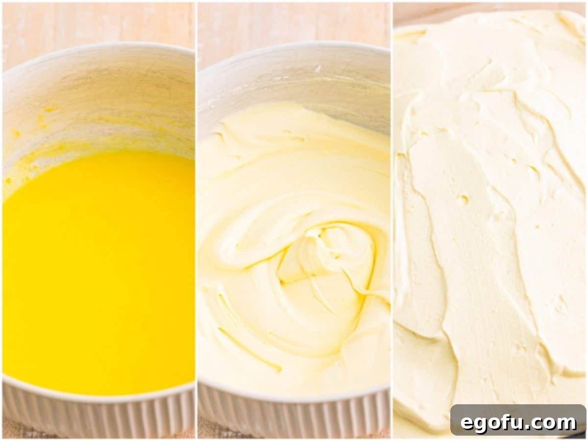 A collage demonstrating the frosting preparation: vanilla pudding in a bowl, then mixed with Cool Whip, and finally spread smoothly over the cake.