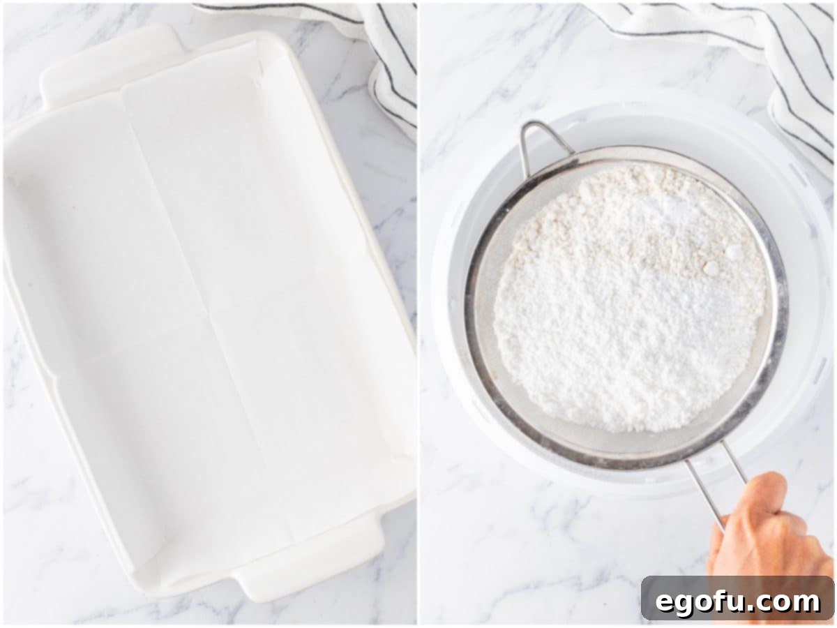 A collage of two photos: a baking dish lined with parchment paper ready for the crust; and the careful sifting of flour into a mixing bowl, an essential first step for a tender crust.