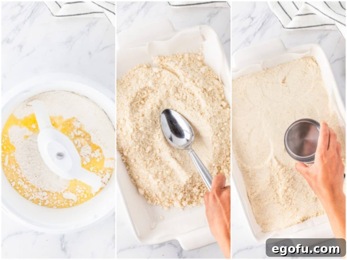 A collage of three photos illustrating crust preparation: melted butter being added to flour in a stand mixer; a fork expertly patting the crust dough into the baking dish; and a measuring cup being used to firmly press the crust into an even, flat layer.