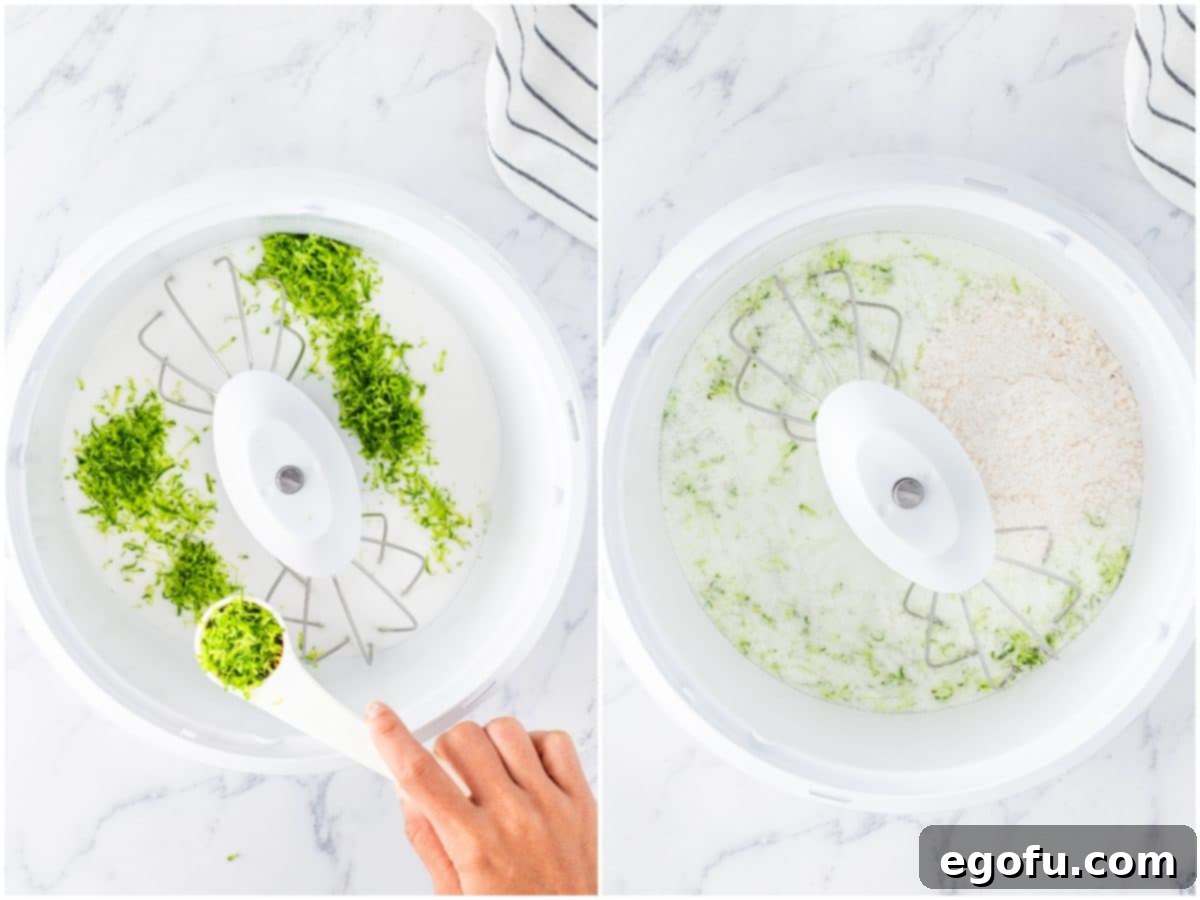 A collage of two photos: sugar and vibrant lime zest being combined in a stand mixer bowl; the mixture thoroughly mixed, highlighting the even distribution of zest.