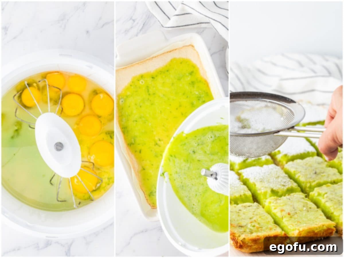 A collage of three instructional photos: eggs being added to the lime bar batter in a stand mixer; the vibrant batter being poured smoothly over the baked crust in the baking dish; and cooled lime bars getting a generous dusting of powdered sugar, a final touch of elegance.