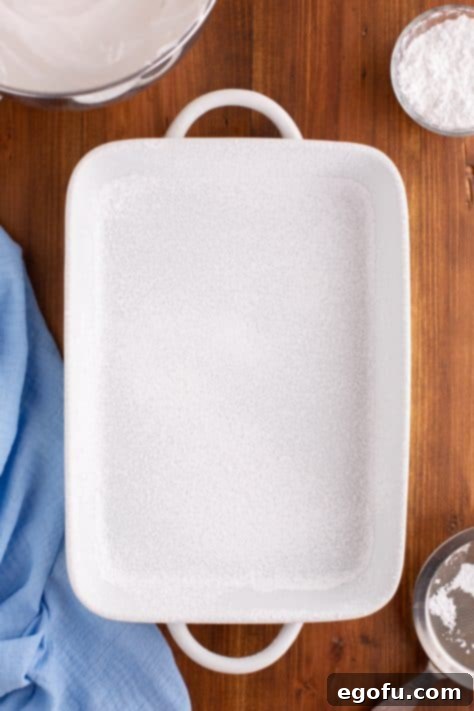 A powdered sugar coated baking dish.