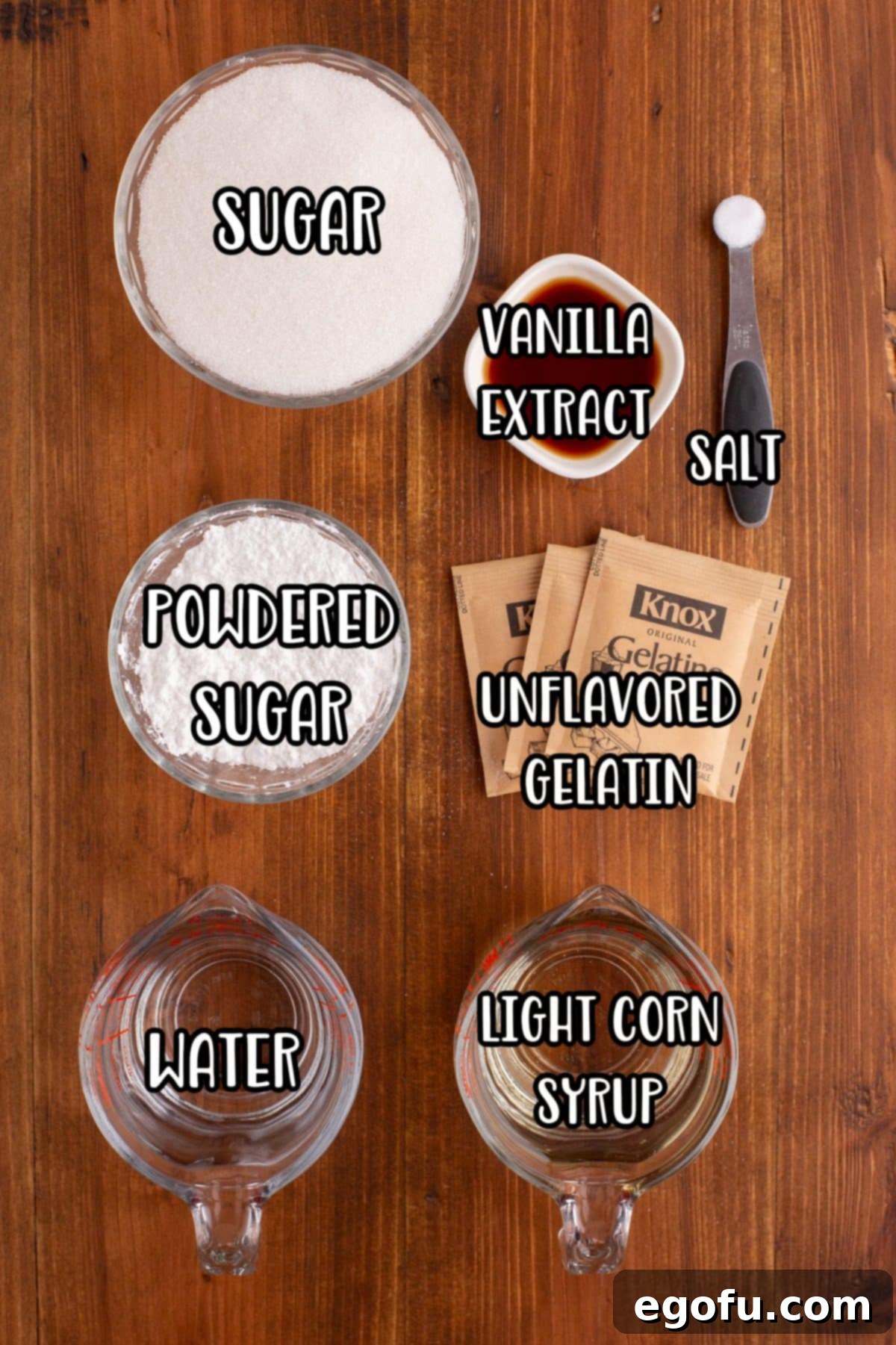 Unflavored gelatin powder, vanilla extract, light corn syrup, sugar, powdered sugar, water, and salt. 