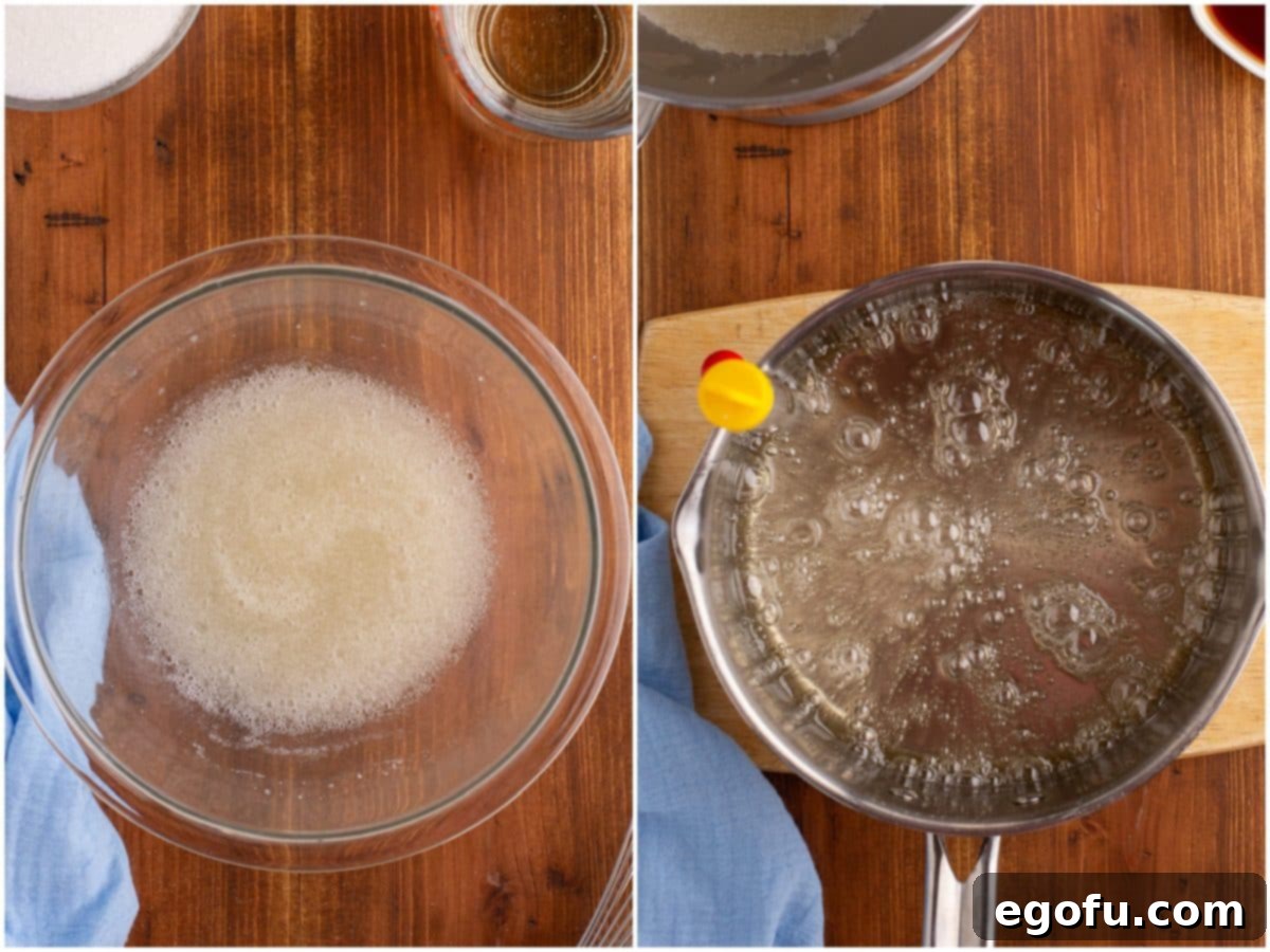 collage of two photos: gelatin powder and water in a bowl; a saucepan with the sugar syrup mixture with a candy mixture. 