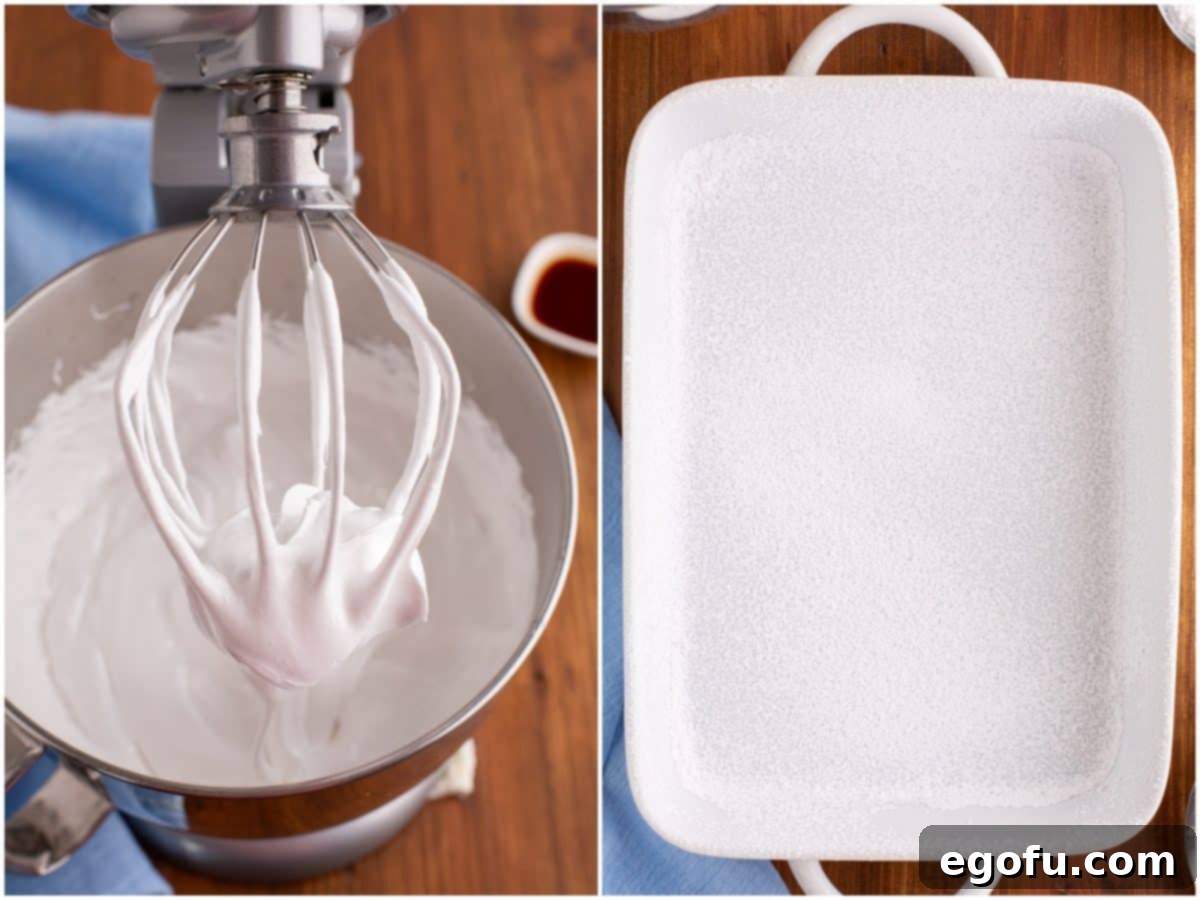 collage of two photos: the whisk of a stand mixer with marshmallow filling dripping from it; powdered sugar in the bottom of a baking dish. 