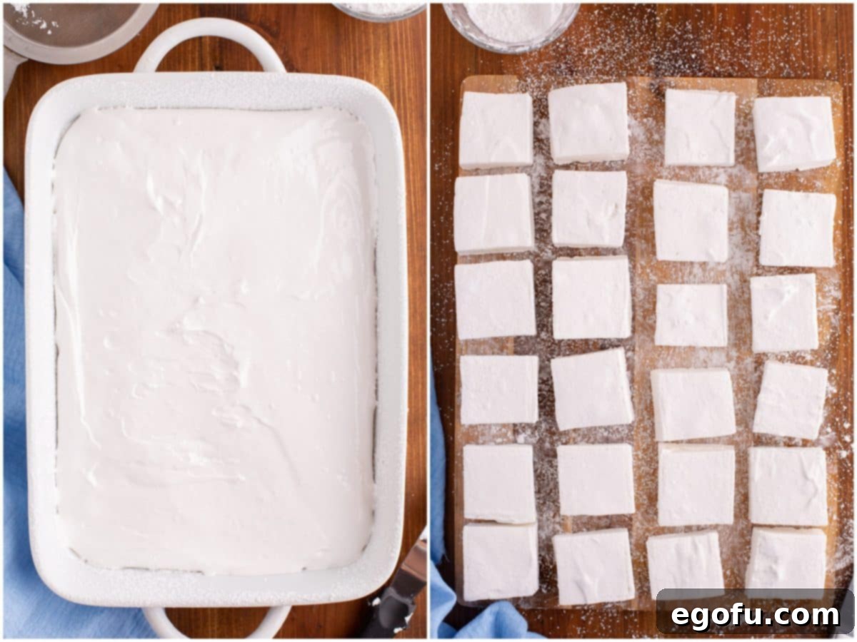 collage of two photos: marshmallow mixture spread into baking dish; marshmallows on a cutting board and cut into 24 squares. 