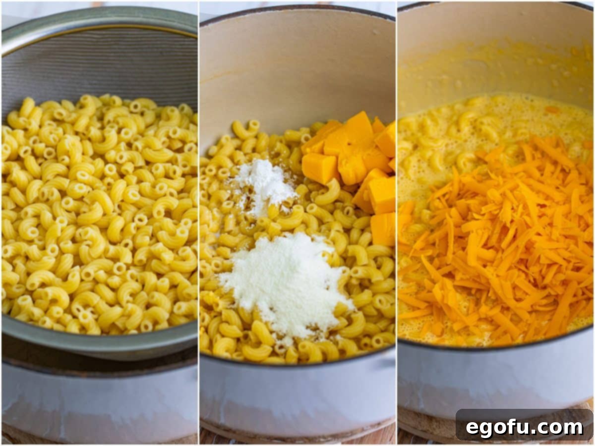 A visual guide showing the cooking process for KFC Mac and Cheese: cooked macaroni, cheese sauce ingredients mixing, and final cheddar addition.
