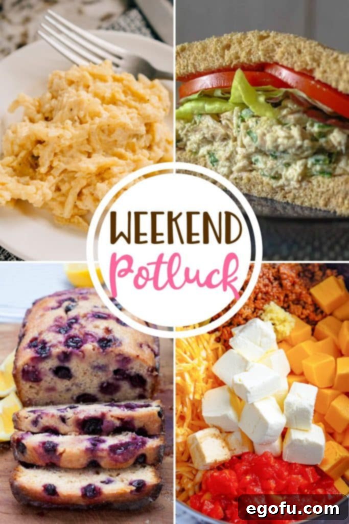 A vibrant collage of featured potluck recipes: Crock Pot Party Potatoes, fresh Lemon Blueberry Bread, a spicy Tuna Salad Sandwich, and bubbling Crock Pot Smoked Queso Dip. Each dish represents perfect comfort food and easy entertaining.