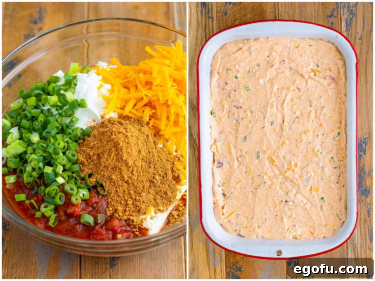 Stars and Stripes Celebration Dip 5 Two-photo collage showing the preparation of the Flag Dip base: a mixing bowl with ingredients being combined, and the smooth dip mixture spread into a baking dish.