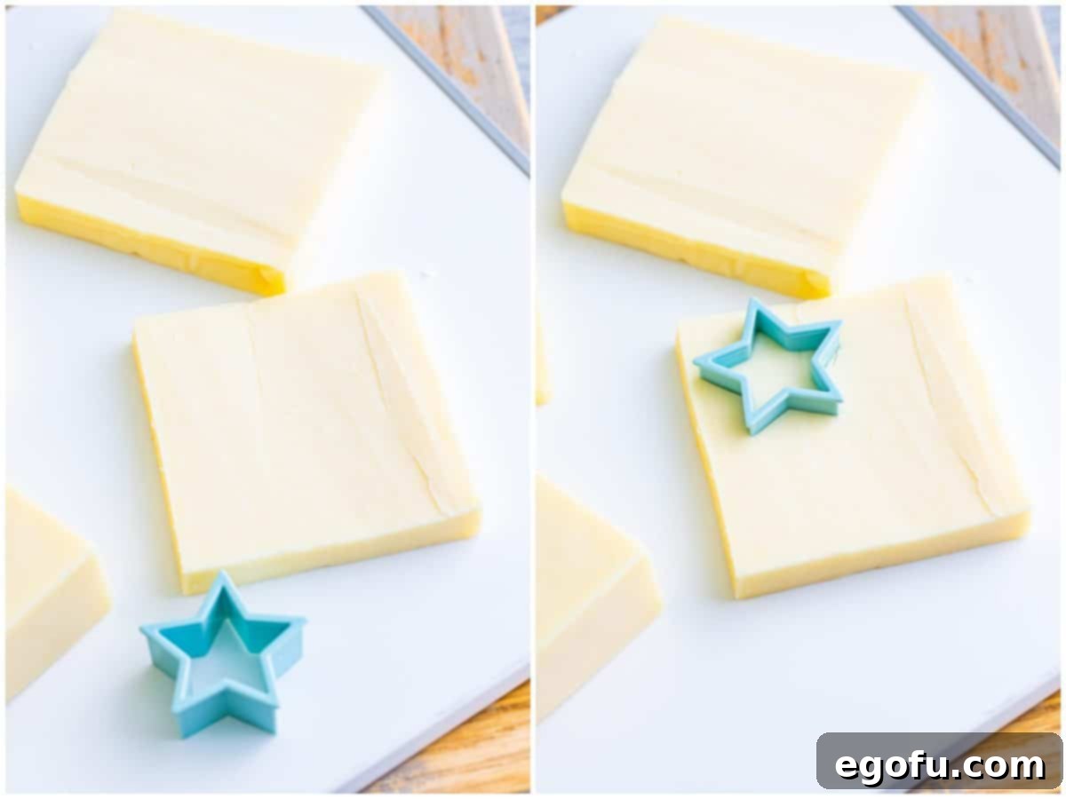Stars and Stripes Celebration Dip 6 Two-photo collage demonstrating cheese preparation: a block of Monterey Jack cheese sliced in half, and a star cookie cutter being used on a cheese slice.