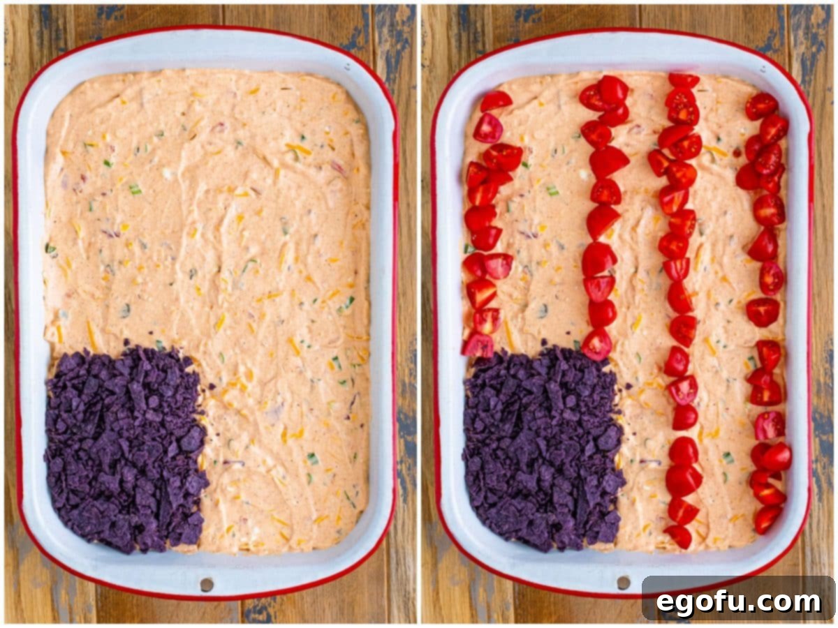 Stars and Stripes Celebration Dip 7 Two-photo collage showing the initial assembly of the Flag Dip: crushed blue tortilla chips forming a rectangle, and initial rows of grape tomatoes added for stripes.