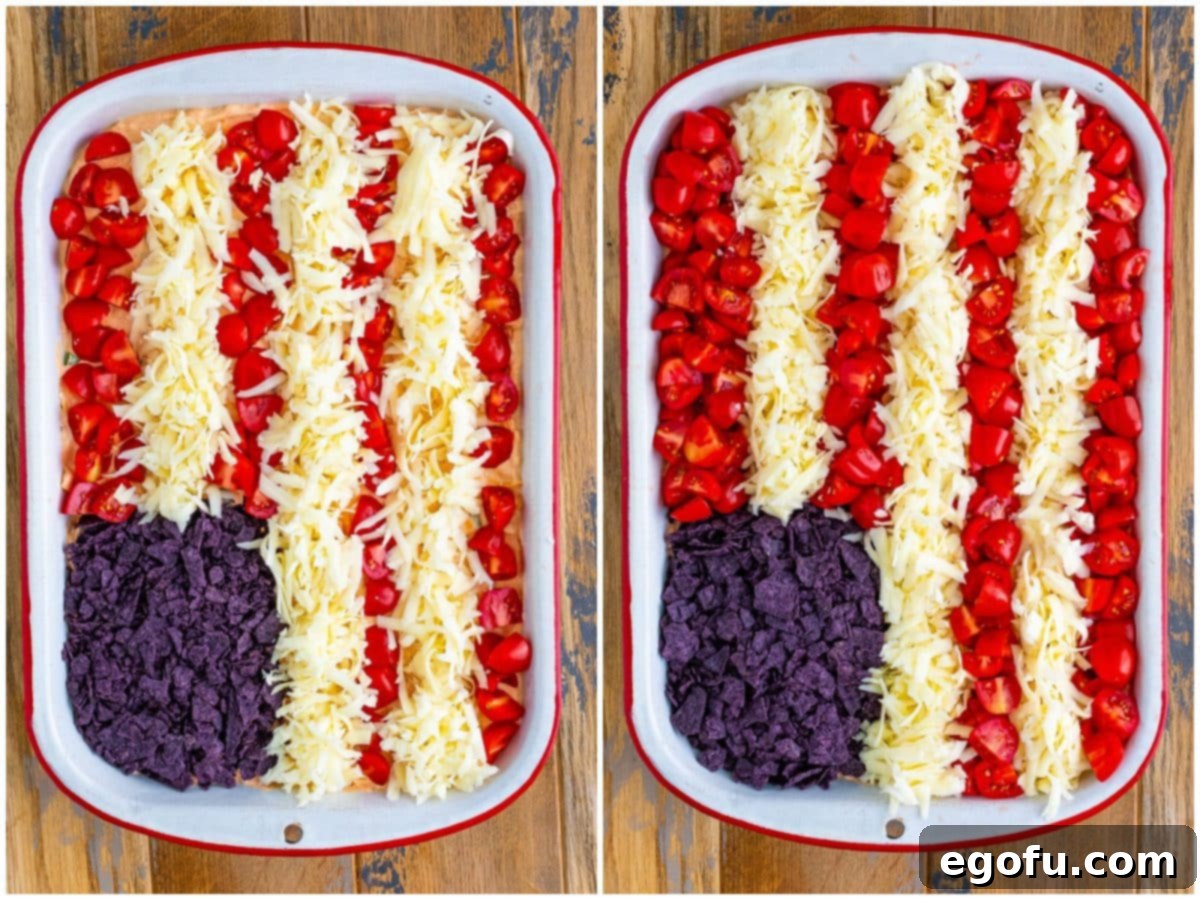 Stars and Stripes Celebration Dip 8 Two-photo collage illustrating the layering process: a flag taco dip in a baking dish with shredded cheese added to form white stripes, and the completed dip before star placement.