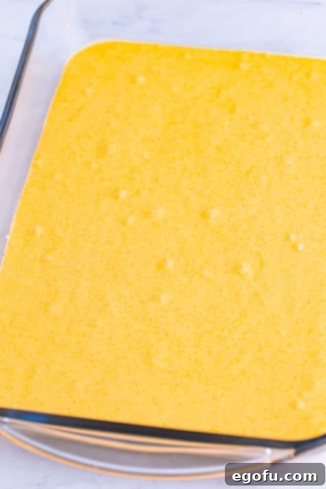 Cake batter in a baking dish.