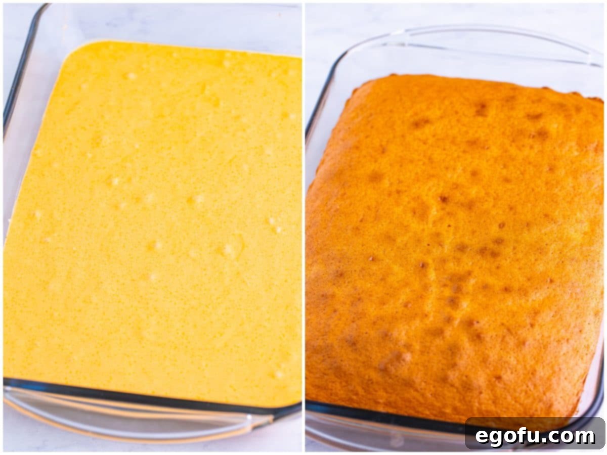 A collage of two photos: smooth orange cake batter in a baking dish, and the fully baked, golden orange cake cooling in the same dish.