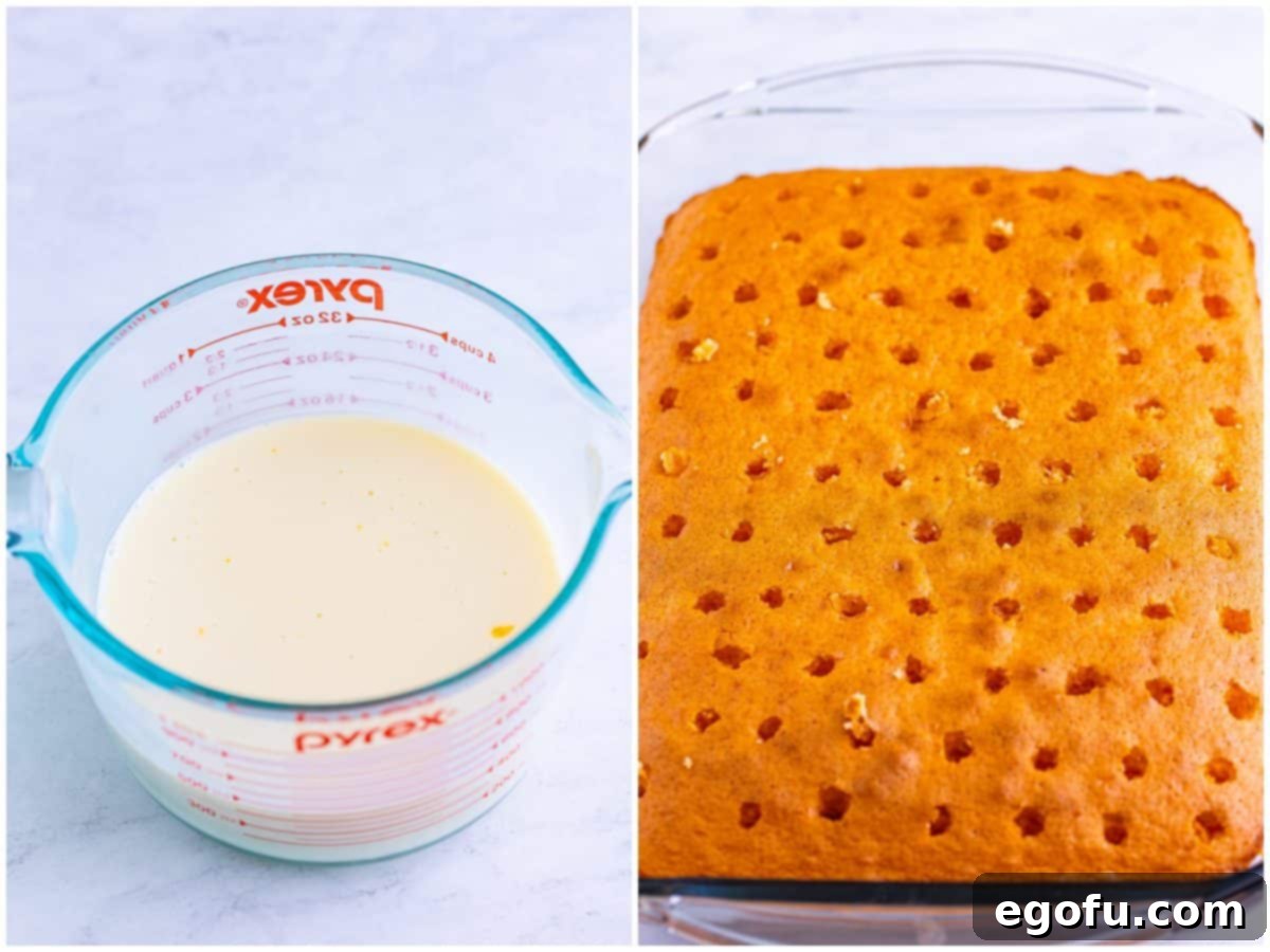 A collage of two photos: sweetened condensed milk and mandarin orange juice being mixed in a measuring cup, and a baked cake with evenly spaced holes poked into its surface.