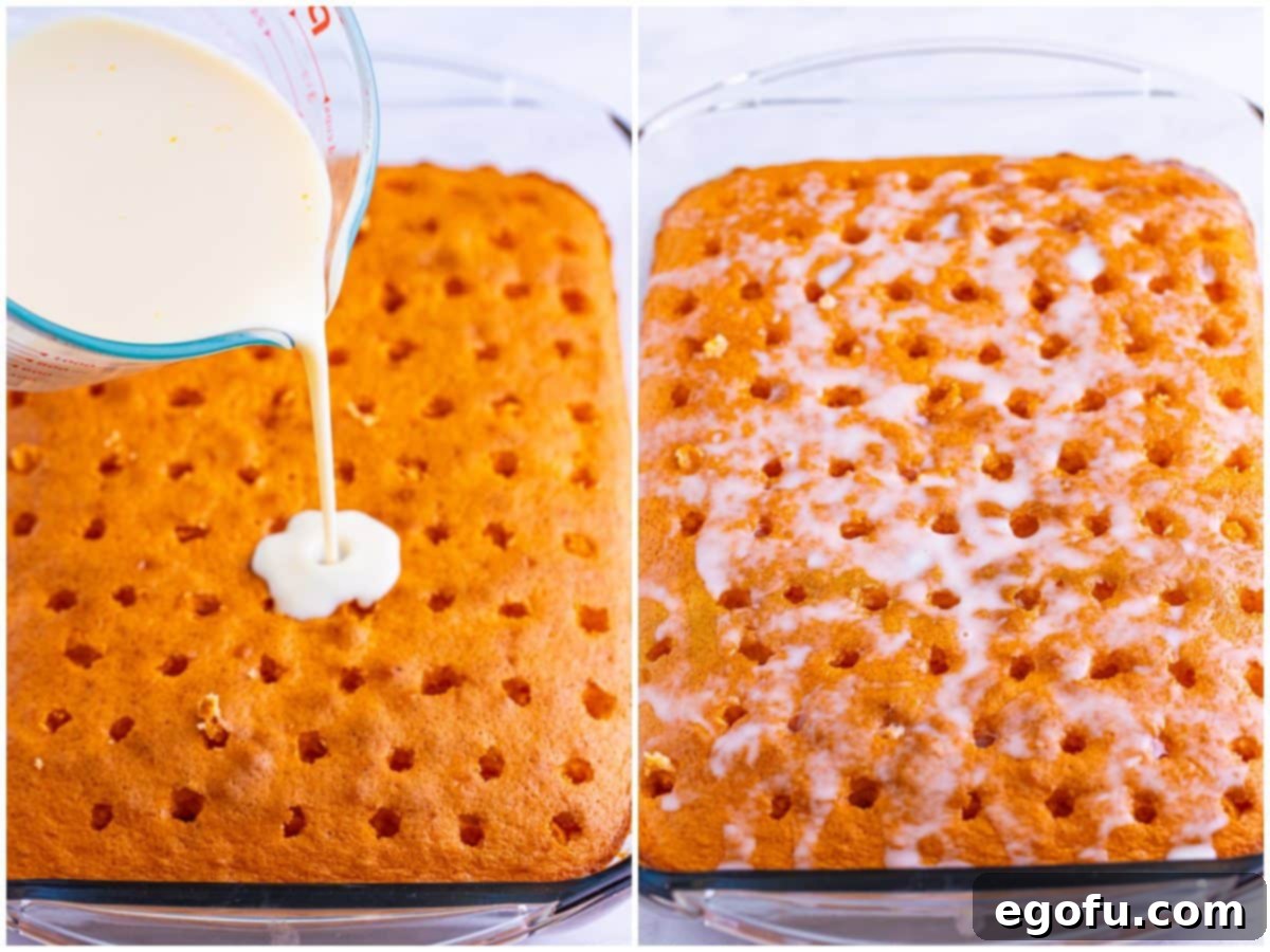 A collage of two photos: the sweetened condensed milk mixture being poured generously over the poked cake, and the cake after it has fully absorbed the milky orange soak.
