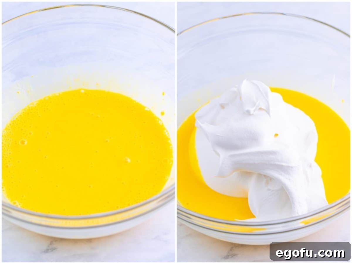A collage of two photos: instant pudding and milk mixed together in a bowl, followed by whipped topping being folded into the pudding mixture.