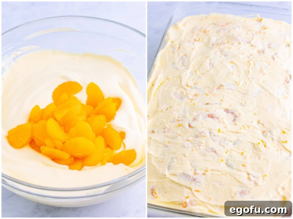 A collage of two photos: drained mandarin oranges being added to the creamy pudding mixture, and the smooth orange whipped topping being spread evenly over the cooled poke cake.