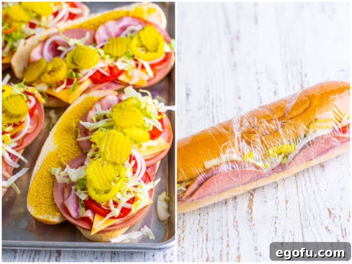 A collage of two photos illustrating the sub assembly: one showing a fully loaded sub roll with mustard, salami, bologna, ham, cheese, tomatoes, lettuce, onion, banana peppers, and pickles; the other showing the completed sub expertly rolled up and tightly sealed in plastic wrap.