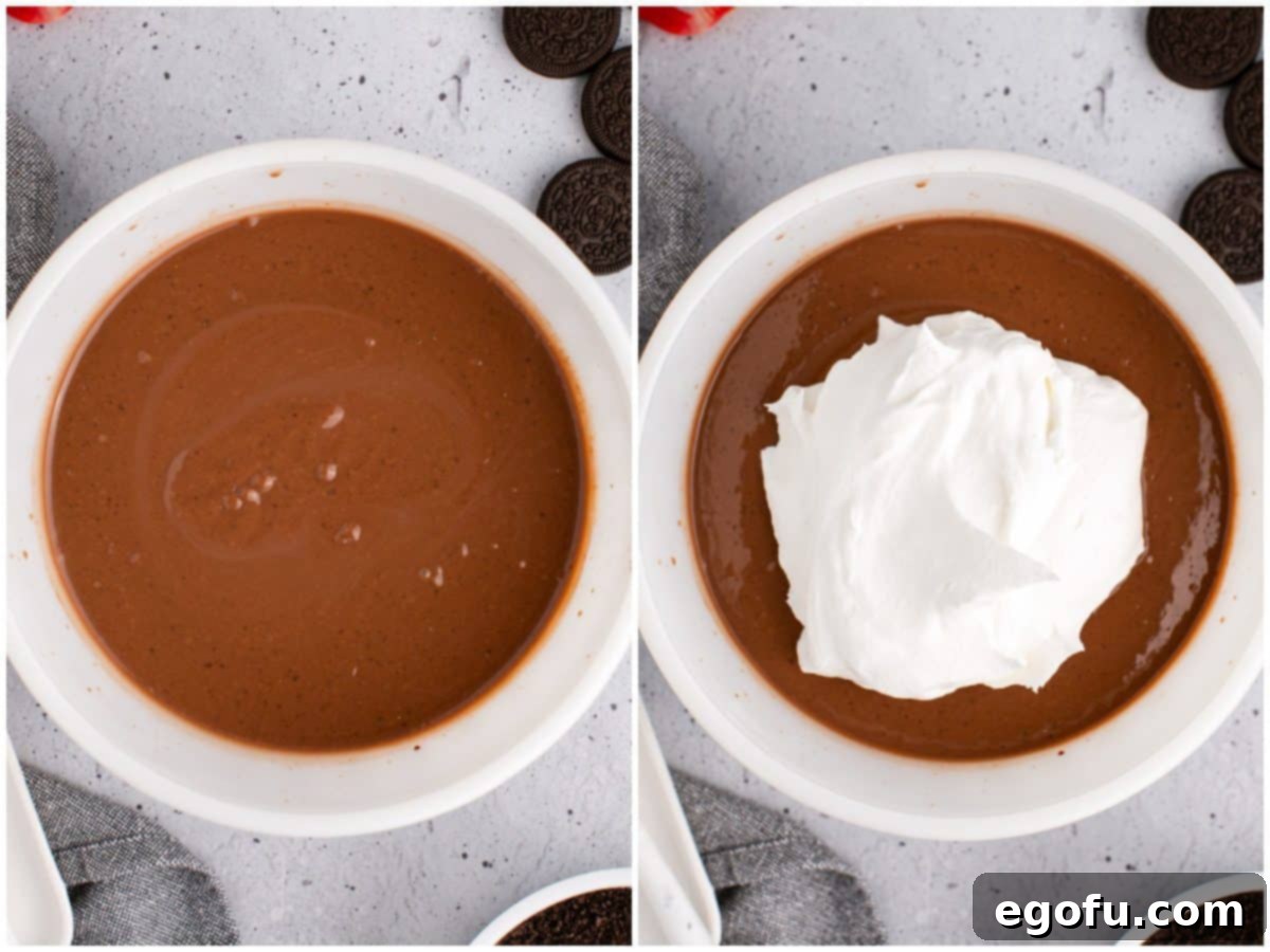 collage of two photos: milk and instant chocolate pudding mixed together in a bowl; Cool Whip added to chocolate pudding in bowl. 