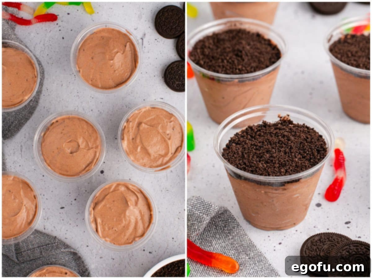 collage of two photos: chocolate pudding and whipped cream in a plastic cup; cookie crumbs on top of chocolate pudding in cups.