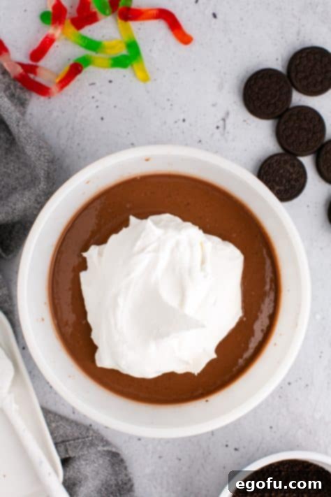Whipped topping on top of chocolate pudding in a bowl.