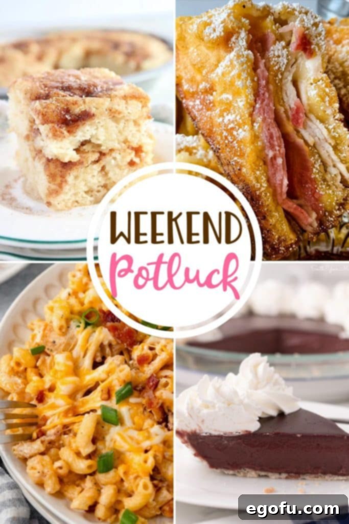 Your Weekend Potluck Hero: Amish Cinnamon Flop 2 Weekend Potluck featured recipes: Amish Cinnamon Flop, Monte Cristo Sandwich, Crack Chicken Casserole, and Mama's Famous Chocolate Pudding Pie - a collection of comforting and delicious dishes.