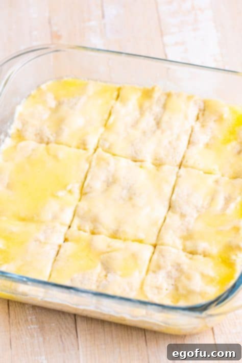 Golden Butter Soaked Cinnamon Sugar Biscuits 14 Cinnamon Sugar Butter Swim Biscuits cut into squares in a baking dish.