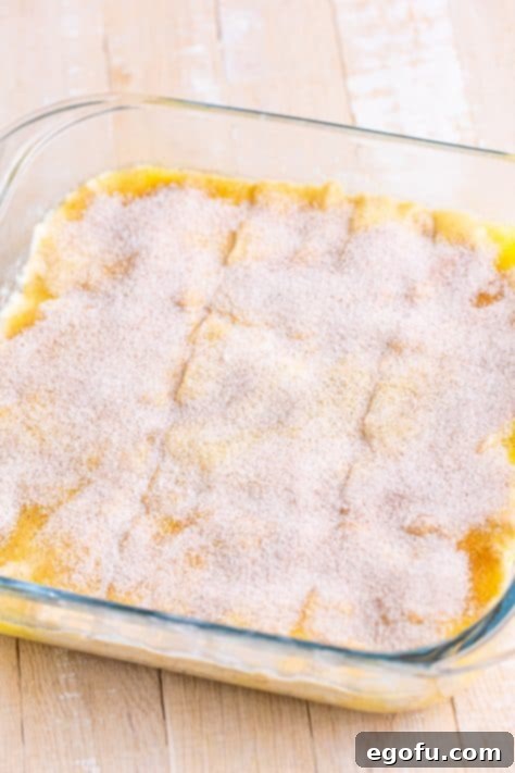 Golden Butter Soaked Cinnamon Sugar Biscuits 15 Cinnamon sugar over top of biscuit dough in a baking dish.