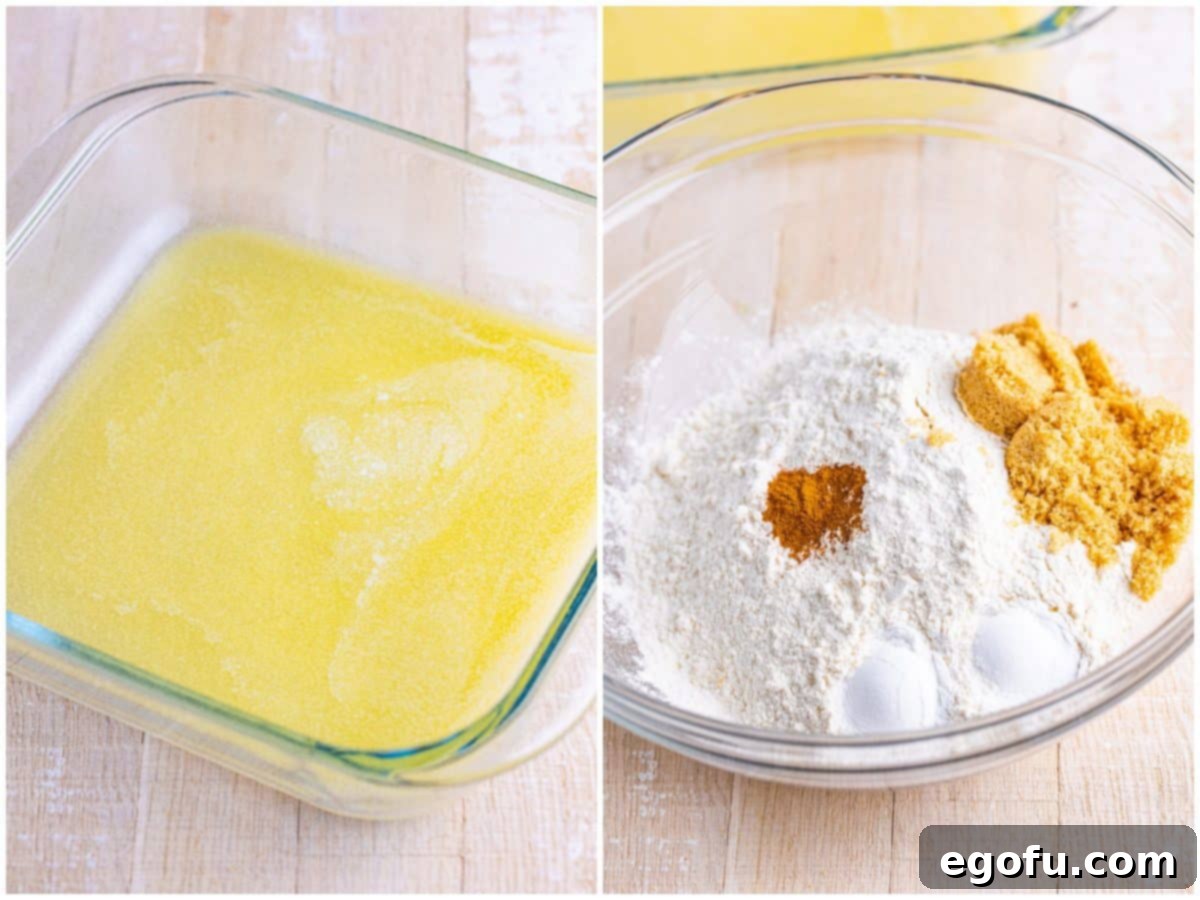 Golden Butter Soaked Cinnamon Sugar Biscuits 5 A collage of two photos: melted butter in a baking dish, and a mixing bowl with flour, brown sugar, baking powder, and ground cinnamon.