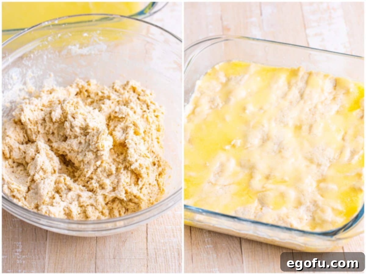 Golden Butter Soaked Cinnamon Sugar Biscuits 6 A collage of two photos: a sticky batter for Cinnamon Sugar Butter Swim Biscuits in a bowl, and biscuit dough poured over melted butter in a baking dish.
