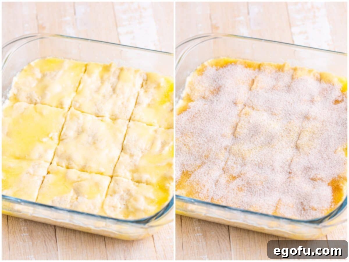 Golden Butter Soaked Cinnamon Sugar Biscuits 7 A collage of two photos: Cinnamon Sugar Butter Swim Biscuits cut into squares in a baking dish, and cinnamon sugar sprinkled over the biscuit dough.
