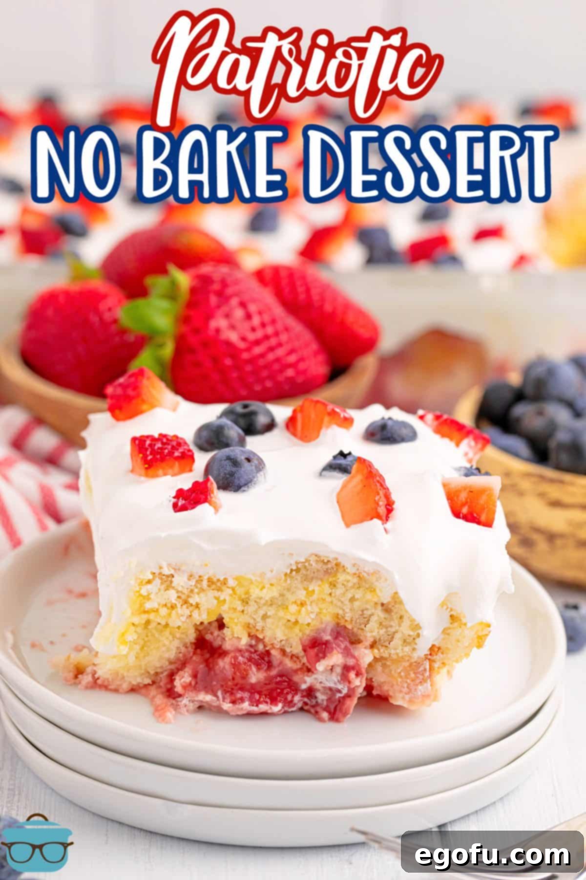 A piece of Patriotic Mixed Berry Dessert on a small white plate, ready to be enjoyed.