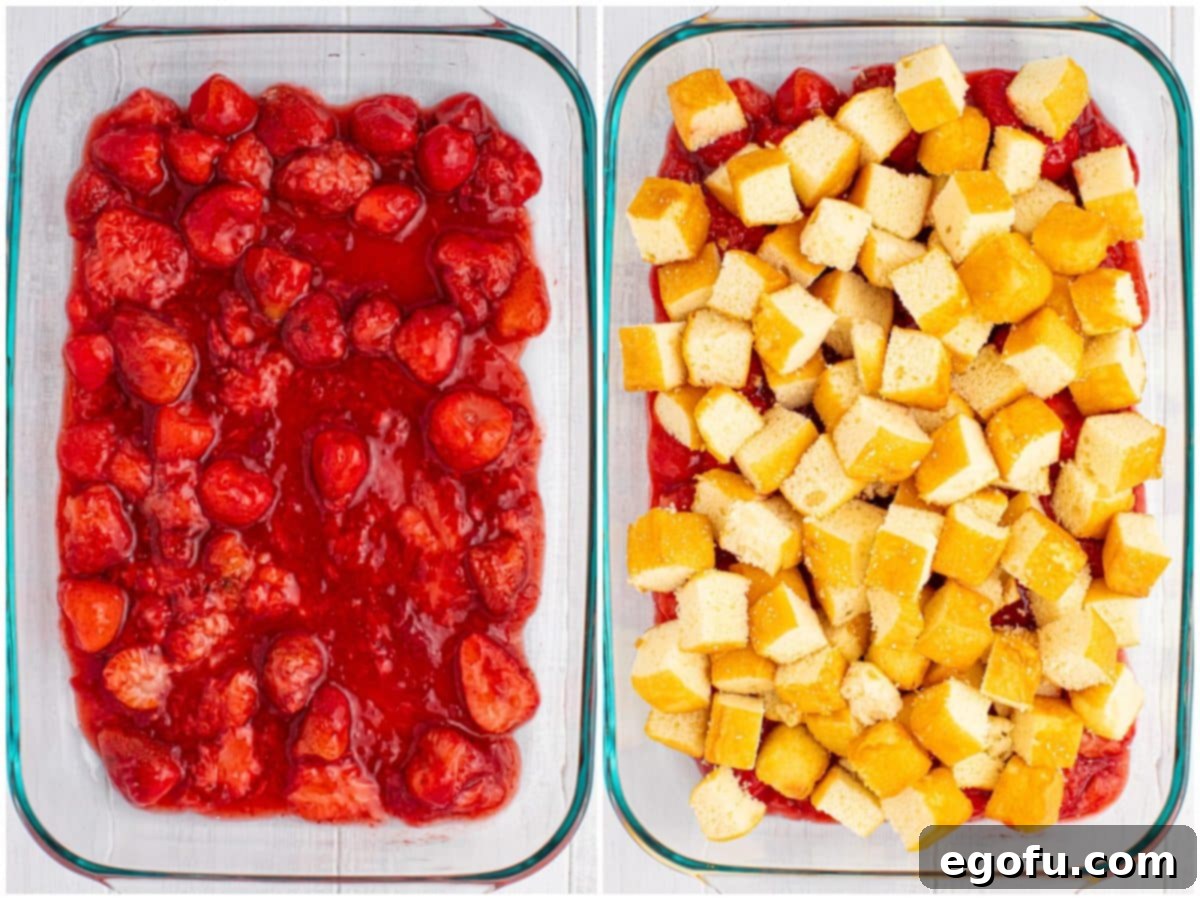 A collage of two photos: first, strawberry pie filling spread out on the bottom of a baking dish; second, strawberry pie filling layered with diced pound cake.