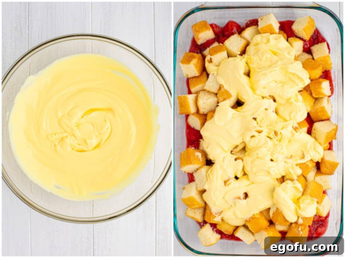 A collage of two photos: first, instant vanilla pudding mix, cold milk, sour cream, and whipped topping being mixed in a bowl; second, the creamy pudding mixture poured over the pound cake layer in the baking dish.