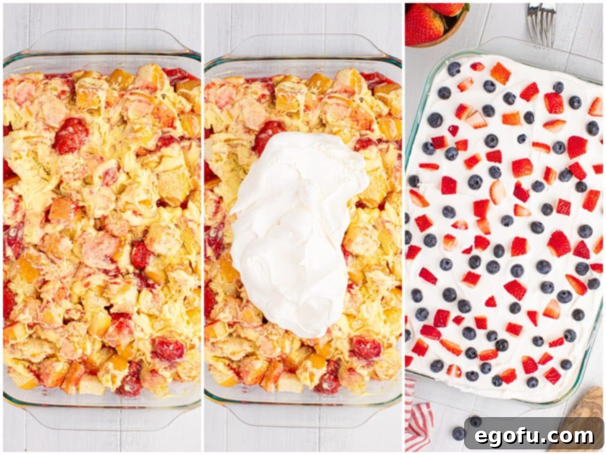 A collage of three photos: first, gently stirred layers of cake and pudding; second, whipped topping spread over the dessert; third, fresh diced strawberries and blueberries arranged on top of the whipped topping.