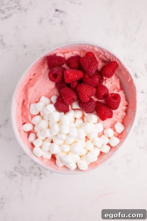 Mini marshmallows and raspberries being added to cottage cheese, raspberry Jell-o, whipped topping and powdered sugar in a bowl.