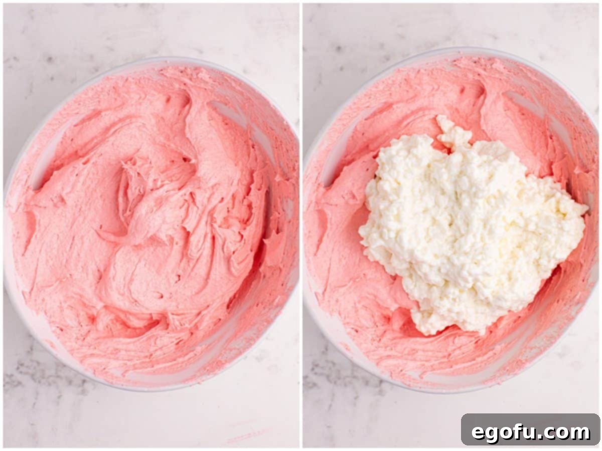 A collage of two photos: a bowl showing raspberry Jell-o, whipped topping and powdered sugar being mixed; then cottage cheese being added to the mixture.