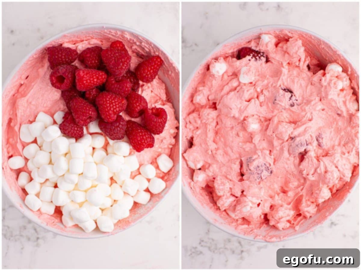 A collage of two photos: mini marshmallows and fresh raspberries being added to the mixed ingredients in a bowl; then the completed mixture stirred together.