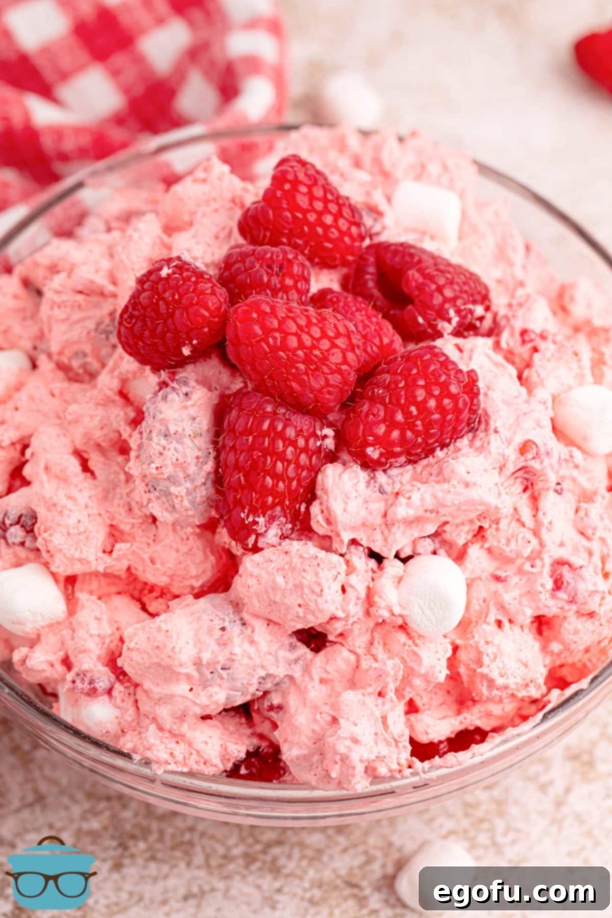 A beautiful top-down view of a bowl of Raspberry Fluff, garnished with fresh raspberries and mini marshmallows.