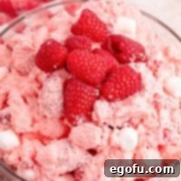 Close up looking at a bowl of Raspberry Fluff Salad with fresh berries on top.