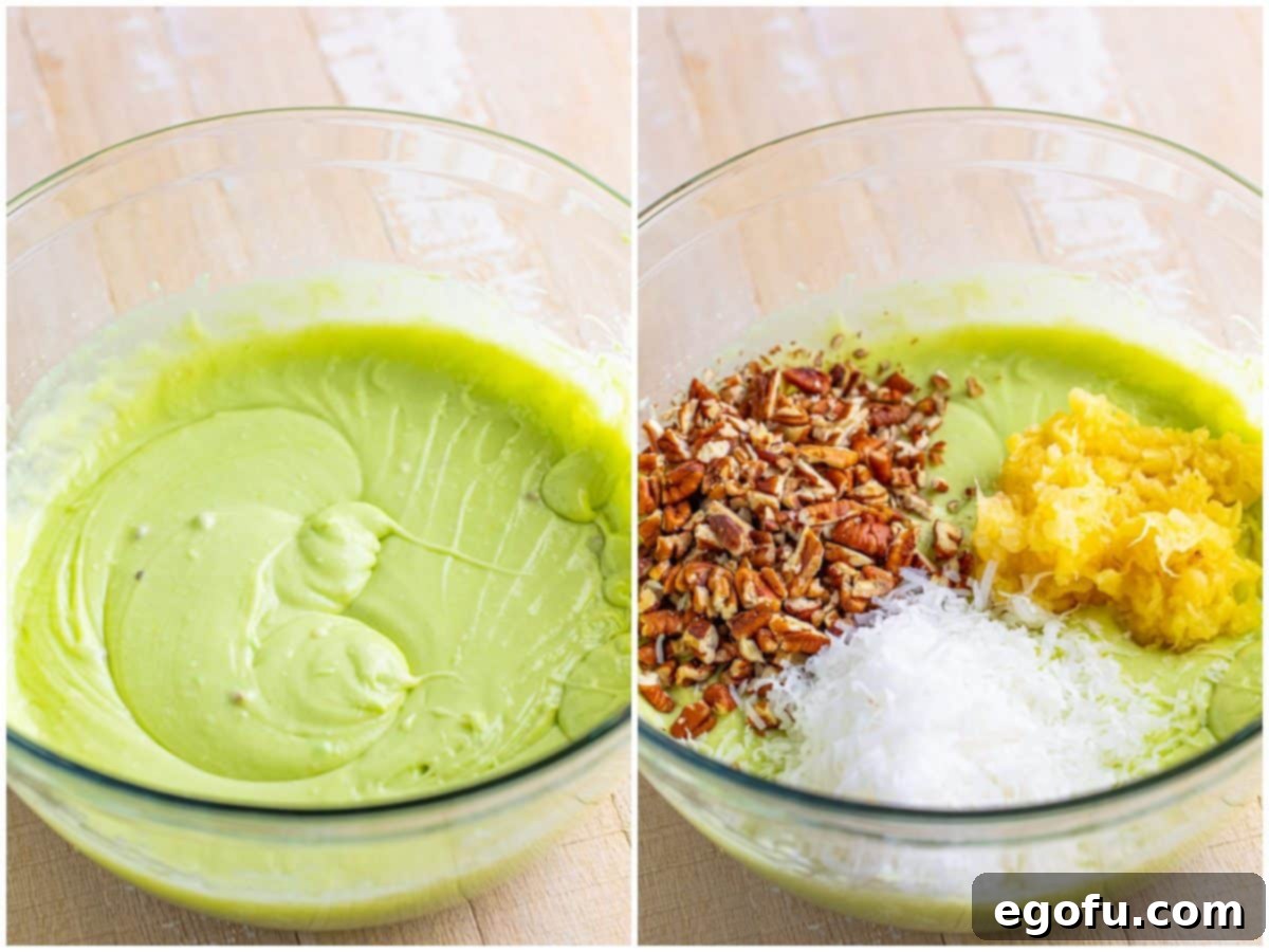 Collage of two photos showing cake batter with pistachio pudding in a bowl, and then chopped pecans, crushed pineapple, and sweetened coconut being added to the cake batter.