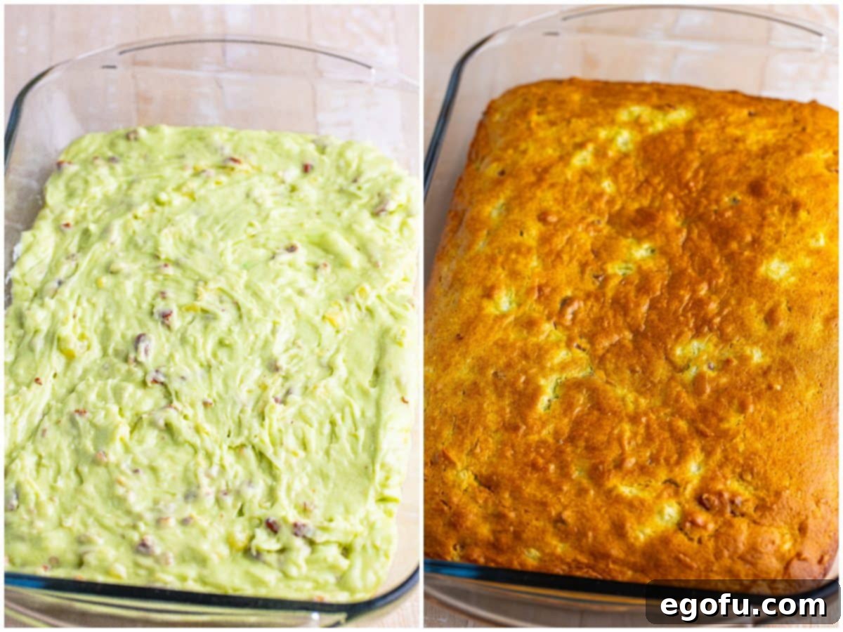 Collage of two photos showing Watergate cake batter spread into a baking dish, and the fully baked cake cooling on a wire rack.