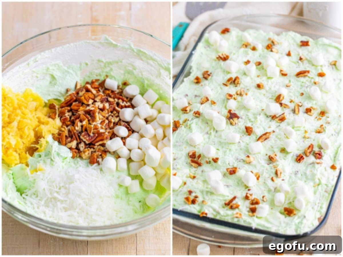 Collage of two photos showing crushed pineapple, chopped pecans, mini marshmallows, and shredded coconut being added to the pudding mixture, and the finished whipped topping being spread on top of the cooled cake.